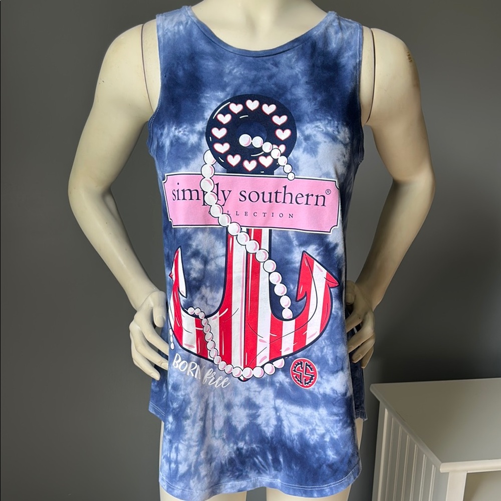 NWT Simply Southern Blue Tie-Dye Anchor Tank Top